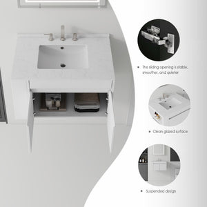 English Elm 36 Inch Floating Bathroom Vanity with Cultured Marble Top Undermount Sink Soft Close White Carrara White B2775S00216