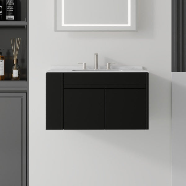 English Elm 36 Inch Floating Bathroom Vanity with Cultured Marble Top Undermount Sink Soft Close Black Carrara White B2775S00217