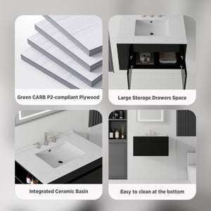 English Elm 36 Inch Floating Bathroom Vanity with Cultured Marble Top Undermount Sink Soft Close Black Carrara White B2775S00217