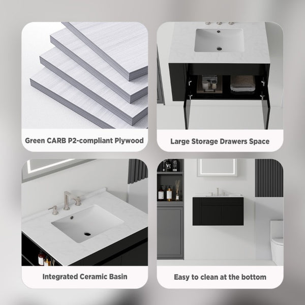 English Elm 36 Inch Floating Bathroom Vanity with Cultured Marble Top Undermount Sink Soft Close Black Carrara White B2775S00217