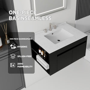English Elm 36 Inch Floating Bathroom Vanity with Cultured Marble Top Undermount Sink Soft Close Black Carrara White B2775S00217