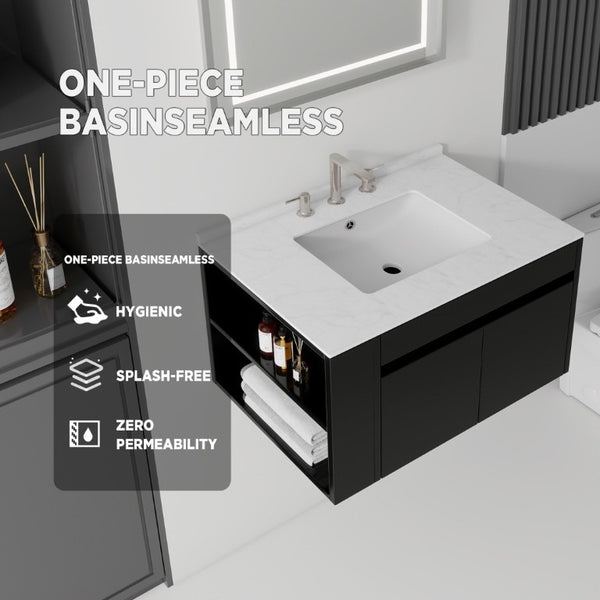 English Elm 36 Inch Floating Bathroom Vanity with Cultured Marble Top Undermount Sink Soft Close Black Carrara White B2775S00217