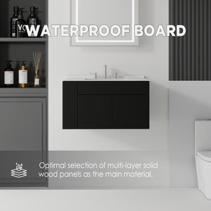 English Elm 36 Inch Floating Bathroom Vanity with Cultured Marble Top Undermount Sink Soft Close Black Carrara White B2775S00217
