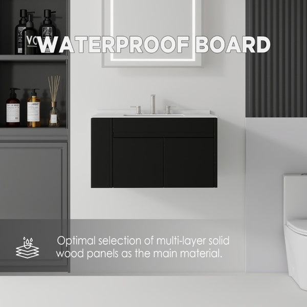 English Elm 36 Inch Floating Bathroom Vanity with Cultured Marble Top Undermount Sink Soft Close Black Carrara White B2775S00217
