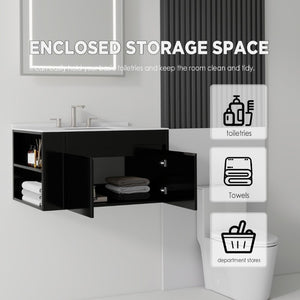English Elm 36 Inch Floating Bathroom Vanity with Cultured Marble Top Undermount Sink Soft Close Black Carrara White B2775S00217