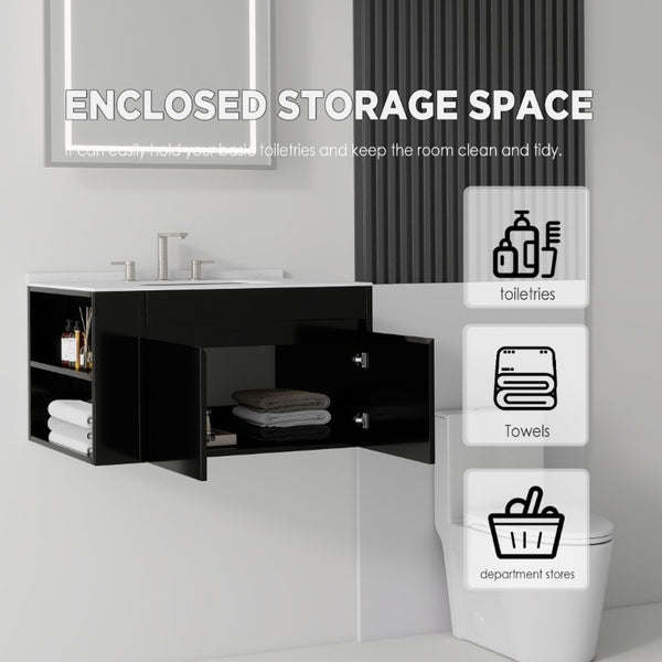 English Elm 36 Inch Floating Bathroom Vanity with Cultured Marble Top Undermount Sink Soft Close Black Carrara White B2775S00217