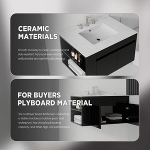 English Elm 36 Inch Floating Bathroom Vanity with Cultured Marble Top Undermount Sink Soft Close Black Carrara White B2775S00217