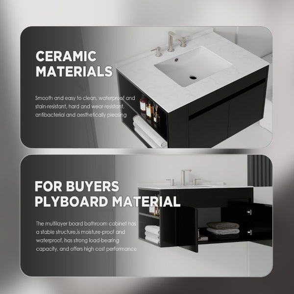 English Elm 36 Inch Floating Bathroom Vanity with Cultured Marble Top Undermount Sink Soft Close Black Carrara White B2775S00217