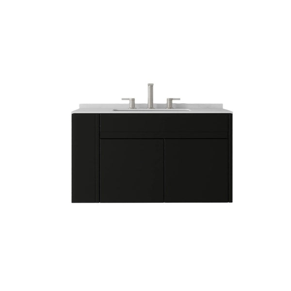 English Elm 36 Inch Floating Bathroom Vanity with Cultured Marble Top Undermount Sink Soft Close Black Carrara White B2775S00217