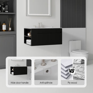English Elm 36 Inch Floating Bathroom Vanity with Cultured Marble Top Undermount Sink Soft Close Black Carrara White B2775S00217