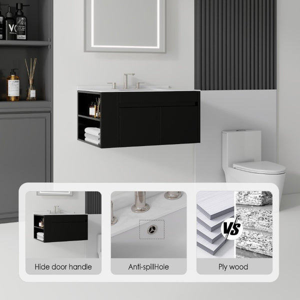 English Elm 36 Inch Floating Bathroom Vanity with Cultured Marble Top Undermount Sink Soft Close Black Carrara White B2775S00217