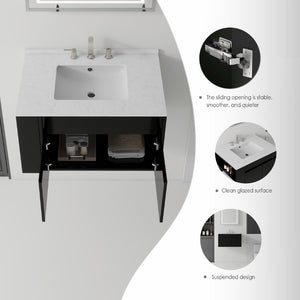 English Elm 36 Inch Floating Bathroom Vanity with Cultured Marble Top Undermount Sink Soft Close Black Carrara White B2775S00217
