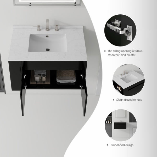 English Elm 36 Inch Floating Bathroom Vanity with Cultured Marble Top Undermount Sink Soft Close Black Carrara White B2775S00217