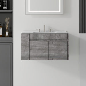 English Elm 36 Inch Floating Bathroom Vanity with Cultured Marble Top Undermount Sink Soft Close Grey Carrara White B2775S00218