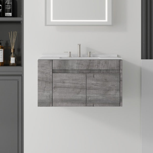English Elm 36 Inch Floating Bathroom Vanity with Cultured Marble Top Undermount Sink Soft Close Grey Carrara White B2775S00218