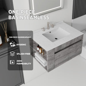 English Elm 36 Inch Floating Bathroom Vanity with Cultured Marble Top Undermount Sink Soft Close Grey Carrara White B2775S00218