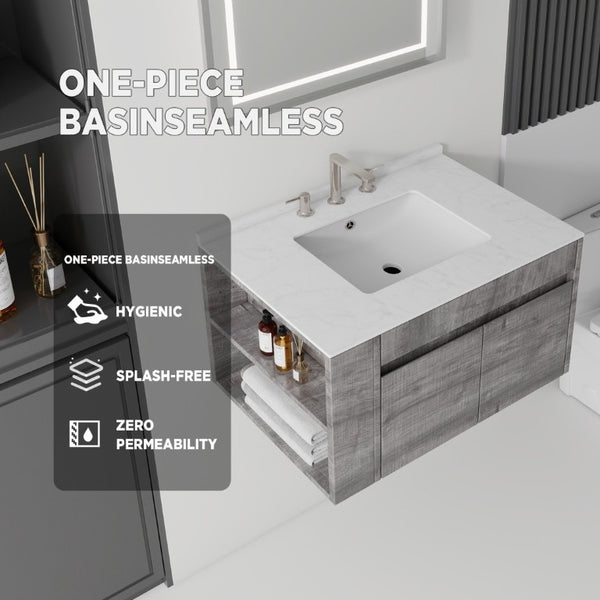 English Elm 36 Inch Floating Bathroom Vanity with Cultured Marble Top Undermount Sink Soft Close Grey Carrara White B2775S00218