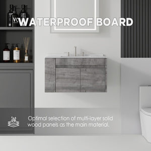English Elm 36 Inch Floating Bathroom Vanity with Cultured Marble Top Undermount Sink Soft Close Grey Carrara White B2775S00218