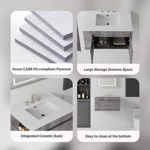English Elm 36 Inch Floating Bathroom Vanity with Cultured Marble Top Undermount Sink Soft Close Grey Carrara White B2775S00218