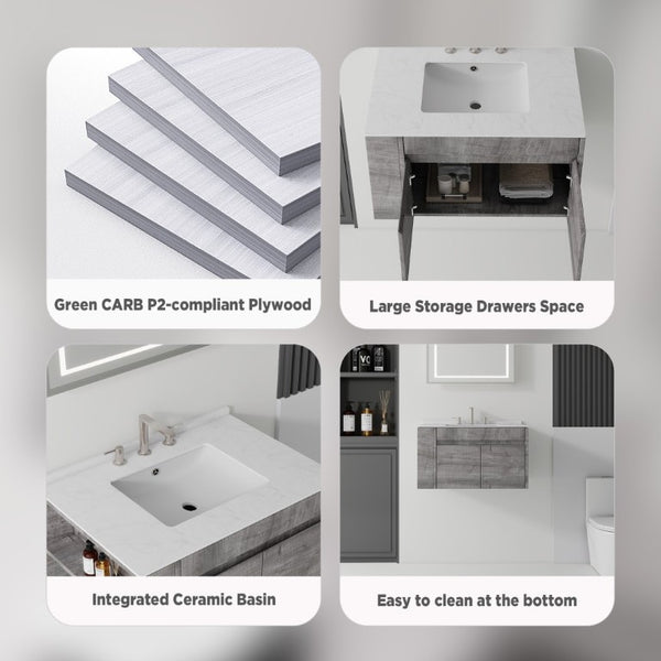 English Elm 36 Inch Floating Bathroom Vanity with Cultured Marble Top Undermount Sink Soft Close Grey Carrara White B2775S00218