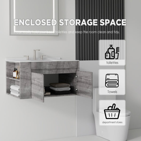 English Elm 36 Inch Floating Bathroom Vanity with Cultured Marble Top Undermount Sink Soft Close Grey Carrara White B2775S00218