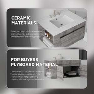 English Elm 36 Inch Floating Bathroom Vanity with Cultured Marble Top Undermount Sink Soft Close Grey Carrara White B2775S00218