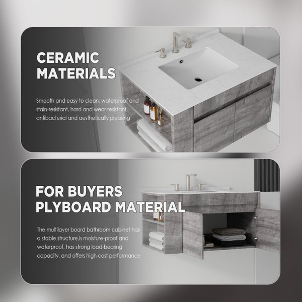English Elm 36 Inch Floating Bathroom Vanity with Cultured Marble Top Undermount Sink Soft Close Grey Carrara White B2775S00218