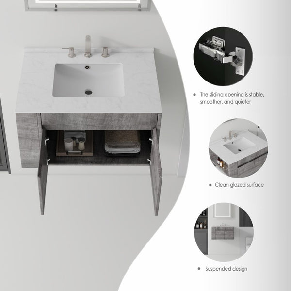 English Elm 36 Inch Floating Bathroom Vanity with Cultured Marble Top Undermount Sink Soft Close Grey Carrara White B2775S00218