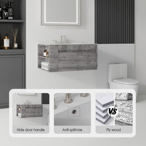 English Elm 36 Inch Floating Bathroom Vanity with Cultured Marble Top Undermount Sink Soft Close Grey Carrara White B2775S00218