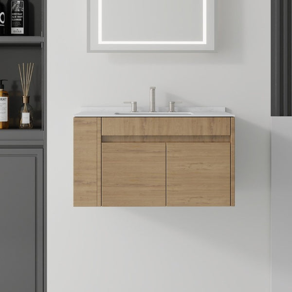 English Elm 36 Inch Floating Bathroom Vanity with Cultured Marble Top Undermount Sink Soft Close Oak Carrara White B2775S00219