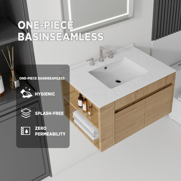 English Elm 36 Inch Floating Bathroom Vanity with Cultured Marble Top Undermount Sink Soft Close Oak Carrara White B2775S00219