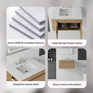 English Elm 36 Inch Floating Bathroom Vanity with Cultured Marble Top Undermount Sink Soft Close Oak Carrara White B2775S00219
