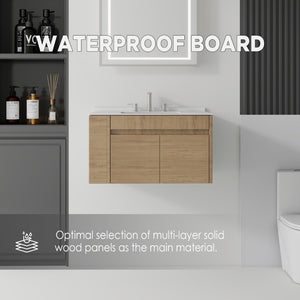 English Elm 36 Inch Floating Bathroom Vanity with Cultured Marble Top Undermount Sink Soft Close Oak Carrara White B2775S00219