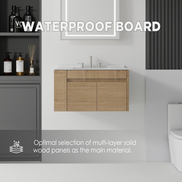 English Elm 36 Inch Floating Bathroom Vanity with Cultured Marble Top Undermount Sink Soft Close Oak Carrara White B2775S00219