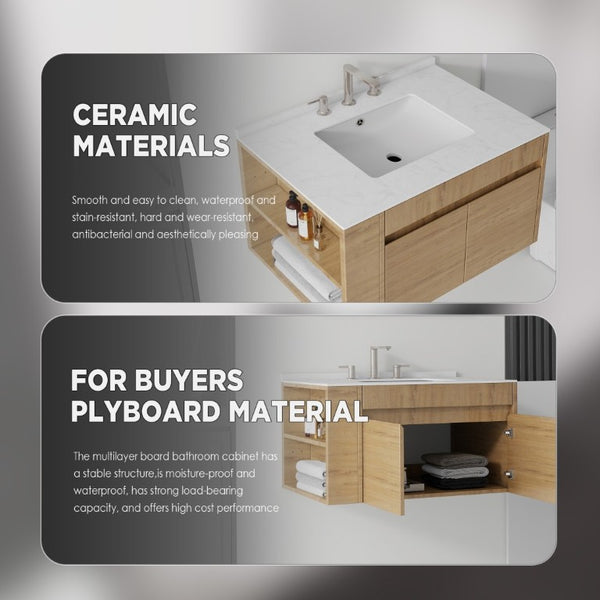 English Elm 36 Inch Floating Bathroom Vanity with Cultured Marble Top Undermount Sink Soft Close Oak Carrara White B2775S00219