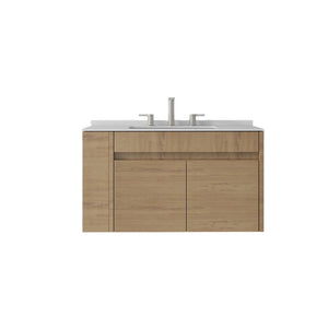 English Elm 36 Inch Floating Bathroom Vanity with Cultured Marble Top Undermount Sink Soft Close Oak Carrara White B2775S00219