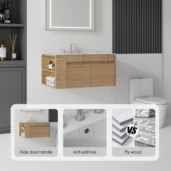 English Elm 36 Inch Floating Bathroom Vanity with Cultured Marble Top Undermount Sink Soft Close Oak Carrara White B2775S00219