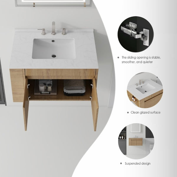 English Elm 36 Inch Floating Bathroom Vanity with Cultured Marble Top Undermount Sink Soft Close Oak Carrara White B2775S00219