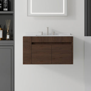 English Elm 36 Inch Floating Bathroom Vanity with Cultured Marble Top Undermount Sink Soft Close Brown Carrara White B2775S00220