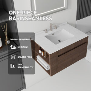 English Elm 36 Inch Floating Bathroom Vanity with Cultured Marble Top Undermount Sink Soft Close Brown Carrara White B2775S00220