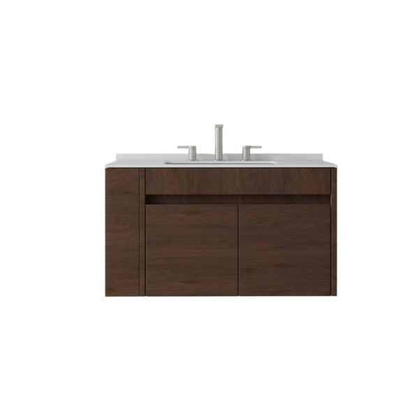 English Elm 36 Inch Floating Bathroom Vanity with Cultured Marble Top Undermount Sink Soft Close Brown Carrara White B2775S00220