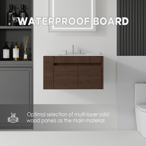 English Elm 36 Inch Floating Bathroom Vanity with Cultured Marble Top Undermount Sink Soft Close Brown Carrara White B2775S00220