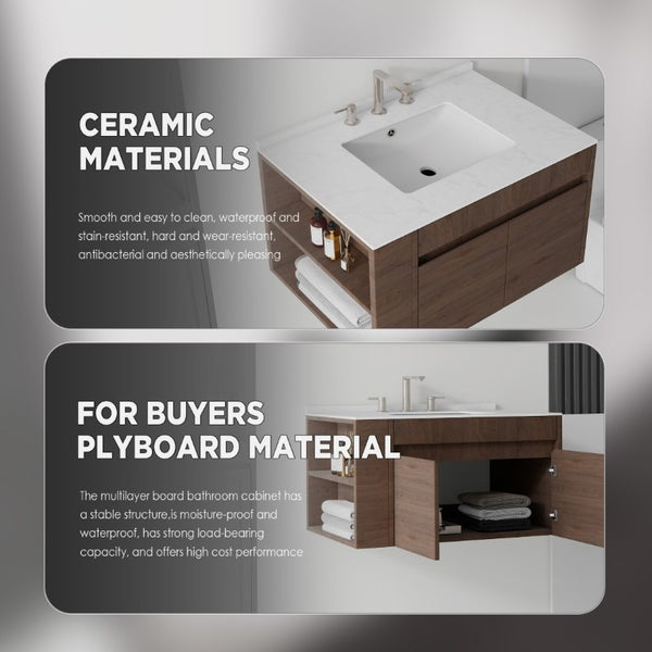 English Elm 36 Inch Floating Bathroom Vanity with Cultured Marble Top Undermount Sink Soft Close Brown Carrara White B2775S00220