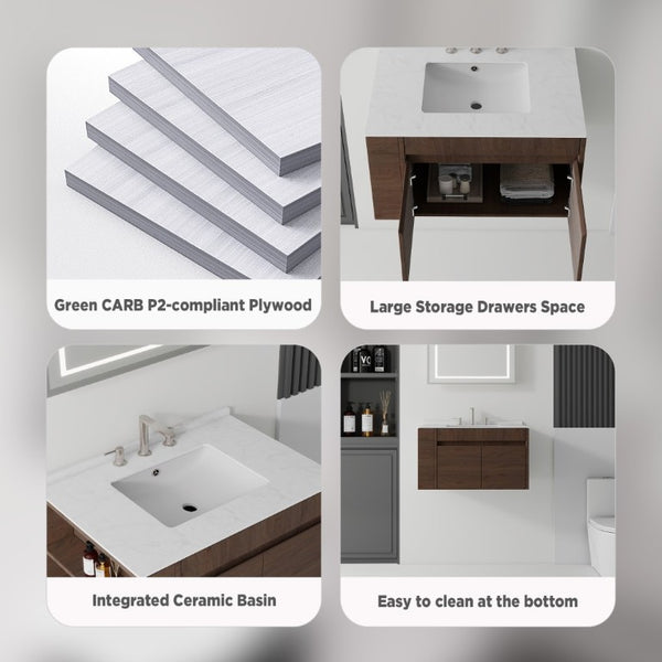 English Elm 36 Inch Floating Bathroom Vanity with Cultured Marble Top Undermount Sink Soft Close Brown Carrara White B2775S00220