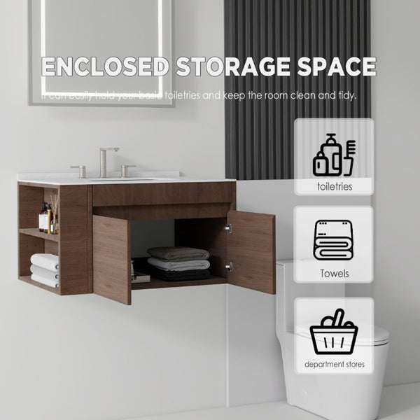 English Elm 36 Inch Floating Bathroom Vanity with Cultured Marble Top Undermount Sink Soft Close Brown Carrara White B2775S00220