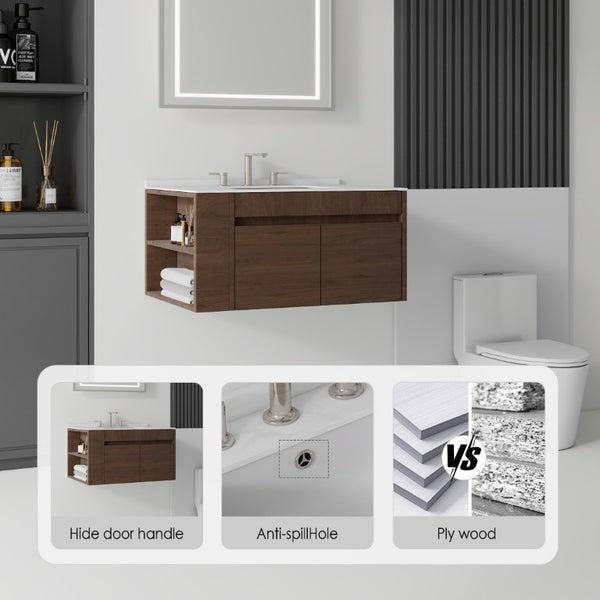 English Elm 36 Inch Floating Bathroom Vanity with Cultured Marble Top Undermount Sink Soft Close Brown Carrara White B2775S00220
