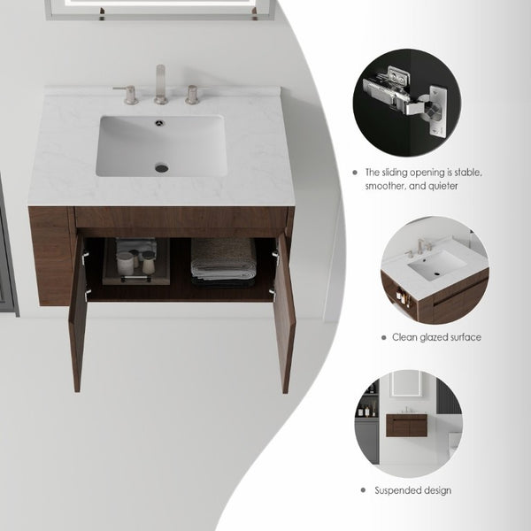 English Elm 36 Inch Floating Bathroom Vanity with Cultured Marble Top Undermount Sink Soft Close Brown Carrara White B2775S00220