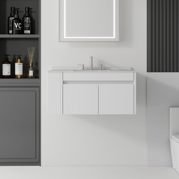 English Elm 36 Inch Floating Bathroom Vanity with Cultured Marble Top Undermount Sink Soft Close White Granite White B2775S00221