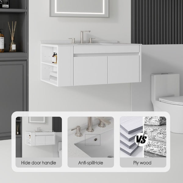English Elm 36 Inch Floating Bathroom Vanity with Cultured Marble Top Undermount Sink Soft Close White Granite White B2775S00221