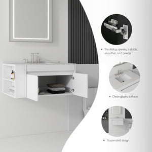 English Elm 36 Inch Floating Bathroom Vanity with Cultured Marble Top Undermount Sink Soft Close White Granite White B2775S00221